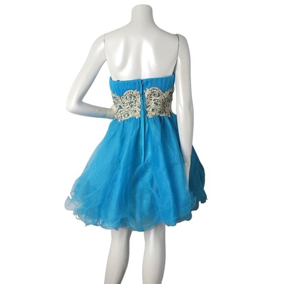 ORIGINAL Tulle Jeweled Prom Evening Dress Organza Strapless Short Gold Blue - Picture 2 of 8